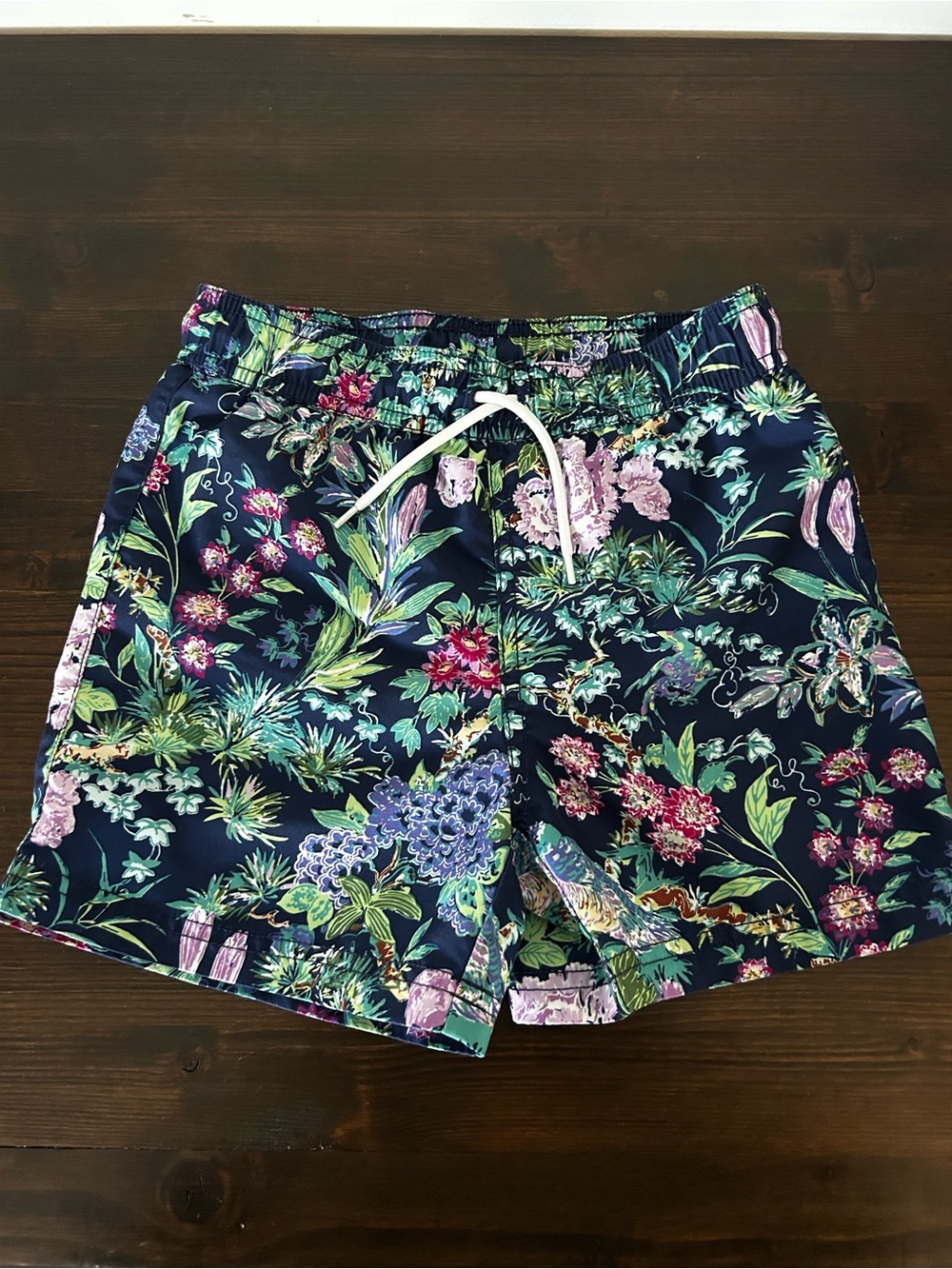 Janie and Jack Navy Floral Swim Trunks with Green & Pink Accents